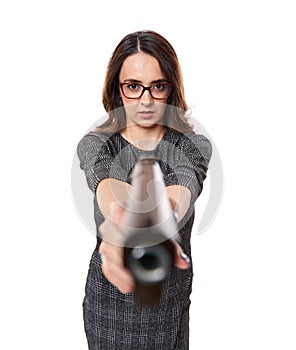 Killer business with businesswoman and gun on white background