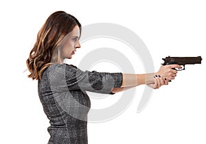 Killer business with businesswoman and gun on white background