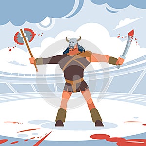 Killer. Huge aggressive Gladiator winner of gladiatorial combat. Vector isolated illustration. Flat cartoon style