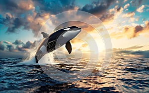 Killer Whale jumping out of the water, wild nature and animals concept