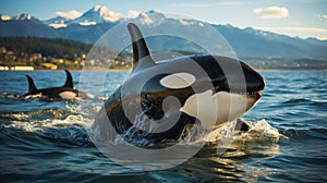 Killer whale, marine mammal washed ashore. A large representative of cetaceans. A scary animal that needs help.