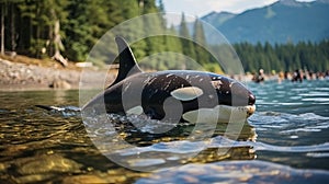 Killer whale, marine mammal washed ashore. A large representative of cetaceans. A scary animal that needs help.