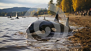 Killer whale, marine mammal washed ashore. A large representative of cetaceans. A scary animal that needs help.