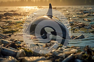 Killer whale orca swimming among plastic garbage in the lagoon