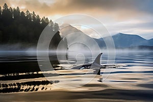 Killer whale Orca traveling on ocean a misty sunset day. Amazing Wildlife. Generative Ai