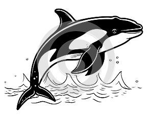 Killer whale sea animal isolated sketch. Grampus vector illustration. Orca or toothed whale, marine predator leaping out