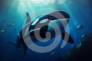 killer whale under the sea with small fish ai generated