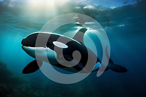 killer whale under sea with sun ray ai generated