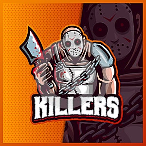 Killers Friday the 13th slasher Jason Voorhees with axes mascot esport logo design illustrations vector template, Hallowen logo