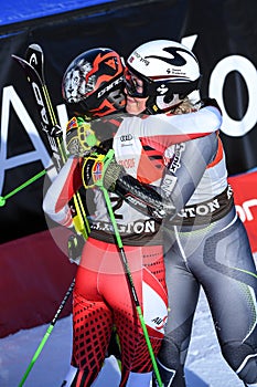 Frederica Brignone of Italy L celebrates with Ragnhild Mowinckel of Norway R after winning the Women`s Giant Slalom