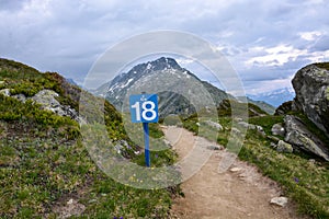 A kilometer eighteen sign in the mountains for marathon