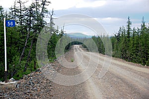 Kilometer post at taiga gravel road