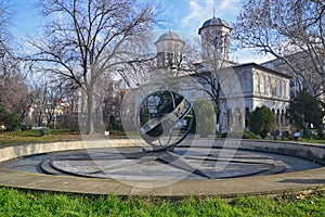 Kilometre Zero monument at New Saint George`s Church at Bucharest Romania
