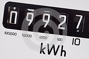 Kilowatt electric meter dial macro close-up.