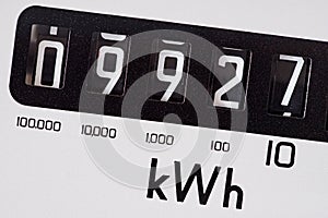 Kilowatt electric meter dial macro close-up. photo