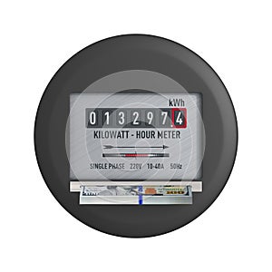 Kilowatt hour electric meter with dollars on white background. Isolated 3D illustration