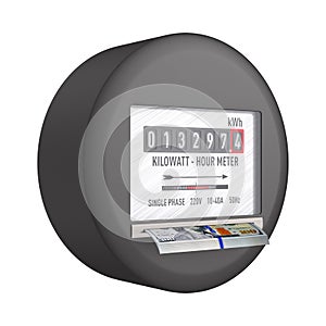 Kilowatt hour electric meter with dollars on white background. Isolated 3D illustration