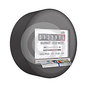 Kilowatt hour electric meter with dollars on white background. Isolated 3D illustration photo