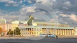 Kim Il-sung Square and government building decorated with revolutionary slogans in Pyongyang, North Korea