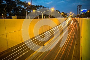 Kim Lien traffic tunnel at twilight in Hanoi, Vietnam