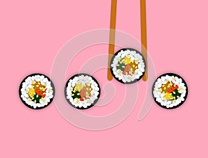 Kimbap Korean sushi roll on pastel pink background