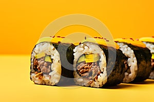 Kimbap tasty fast food street food for take away on yellow background