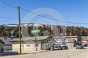 KIMBERLEY, CANADA - MARCH 22, 2019: main street in small town in British Columbia with shops restaurants cars
