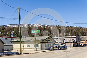 KIMBERLEY, CANADA - MARCH 22, 2019: main street in small town in British Columbia with shops restaurants cars