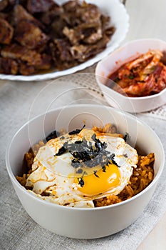 Kimchi fried rice with fried egg and nori