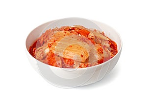 Kimchi Isolated, Kimchee in White Bowl, Red Spicy Kim Chi, Hot Fermented Napa Cabbage, Traditional Jimchi