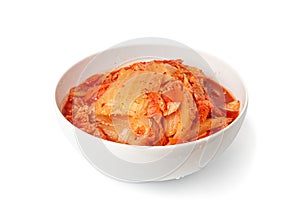 Kimchi Isolated, Kimchee in White Bowl, Red Spicy Kim Chi, Hot Fermented Napa Cabbage, Traditional Jimchi photo