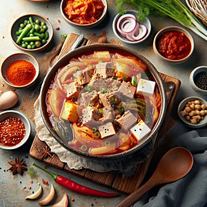 Kimchi Jjigae, A comforting stew made with kimchi, tofu, pork, and various vegetables, flavored with gochugaru and gochujang