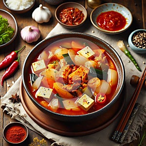 Kimchi Jjigae, A comforting stew made with kimchi, tofu, pork, and various vegetables, flavored with gochugaru and gochujang