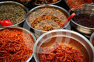 Kimchi pickled vegetables, fresh food in a Korean food market