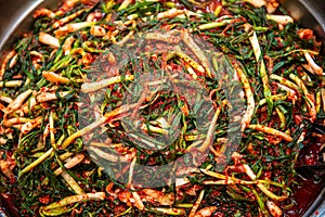 Kimchi pickled vegetables, fresh food in a Korean food market