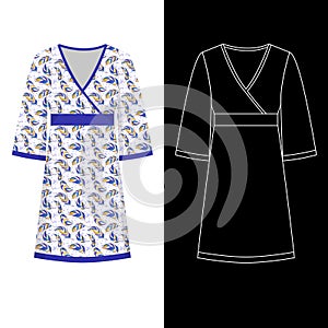 Kimono dress image with white outline silhouette on black