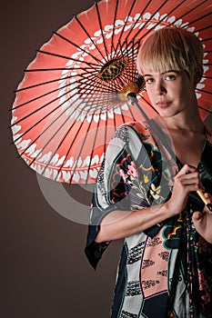 Kimono Girl With Parasol Portrait