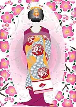 Kimono pattern Cherry Blossom or Sakura flower background - girl wearing japanese dress kimono standing