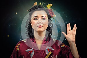 Kimono woman showing Spock sign