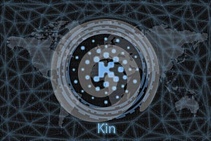 Kin Abstract Cryptocurrency. With a dark background and a world map. Graphic concept for your design