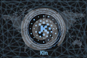 Kin Abstract Cryptocurrency. With a dark background and a world map. Graphic concept for your design photo