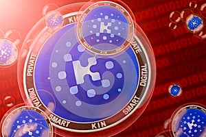 KIN crash, bubble. KIN cryptocurrency coins in a bubbles on the binary code background