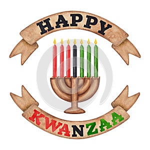 Kinara, seven burning candles, red black green. Text on tapes happy Kwanzaa. African-American holiday. Hand drawn