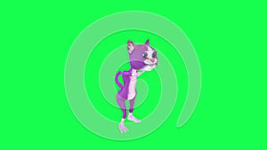 Kind 3D talking purple cat dancing from left angle on green screen 3D people walking background chroma key Visual effect animation