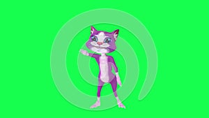 Kind 3D talking purple cat dancing from  opposite angle on green screen 3D people walking background chroma key Visual effect anim