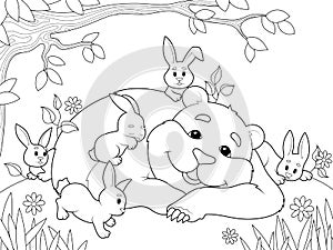 Kind brown bear with the little rabbits in the forest. Children coloring book, raster.