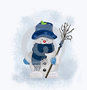 Kind cozy snowman in blue hat and blue scarf with broom on snowy background