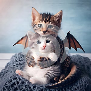 Kind dragon kitten hugs a cute white kitten by neck. Kittens cuddle while sitting in a blanket.