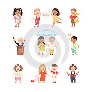 Kind and Fair Little Children Doing Justice and Engaged in Honest Behavior Vector Set