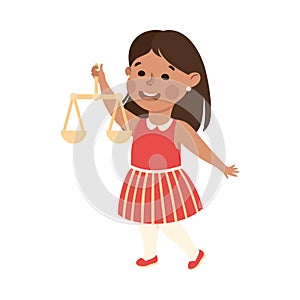 Kind and Fair Little Girl Holding Scales of Justice Vector Illustration